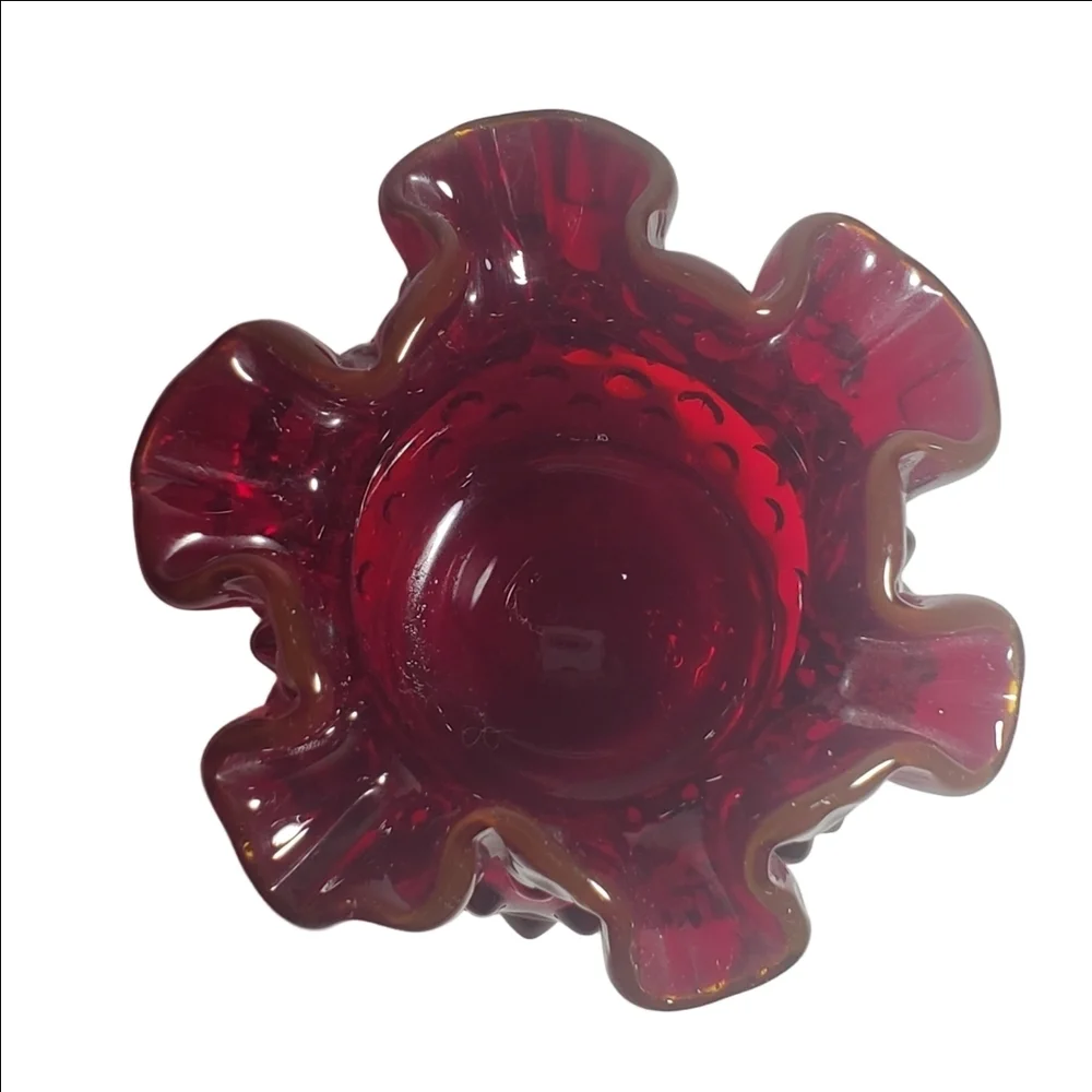 Vintage FENTON Ruby Red Amberina Hobnail Rose Bowl Ruffled Edge Vase Art Glass
